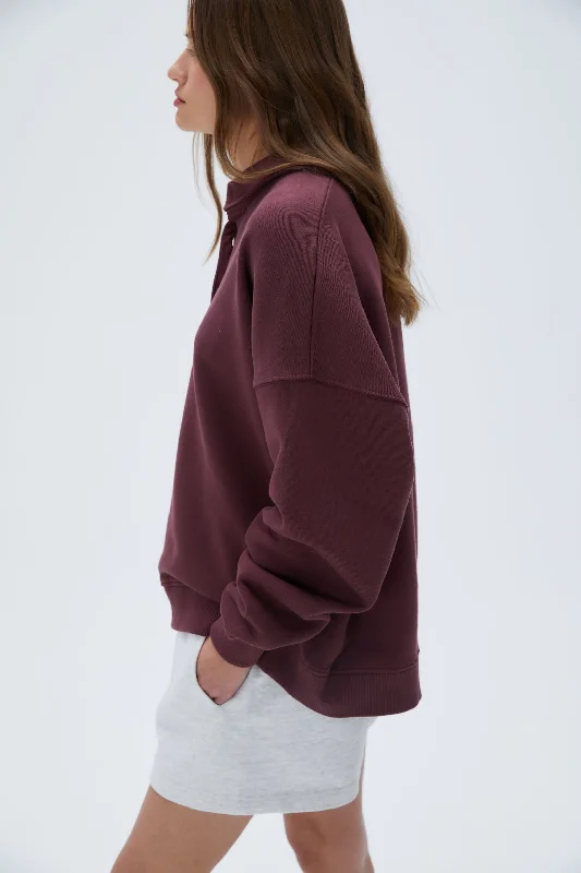 Oversized Button Up Sweatshirt - Burgundy