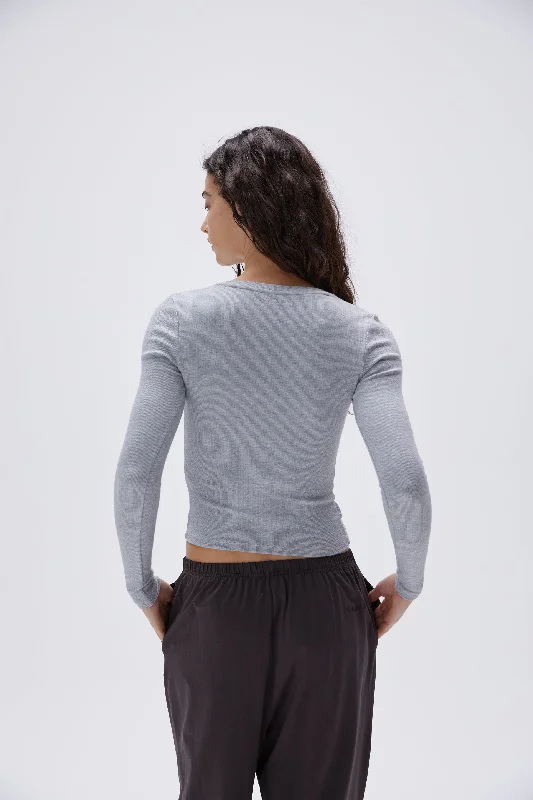 Rib V-Neck Long Sleeve Top - Grey Melange