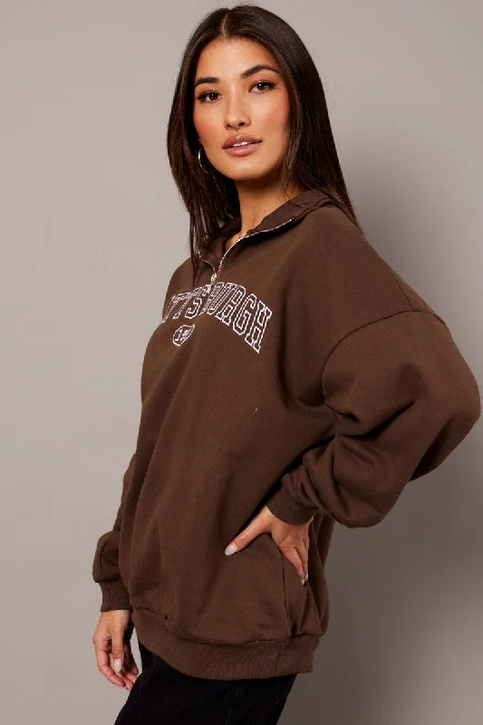 Brown Zip Neck Sweater Oversized