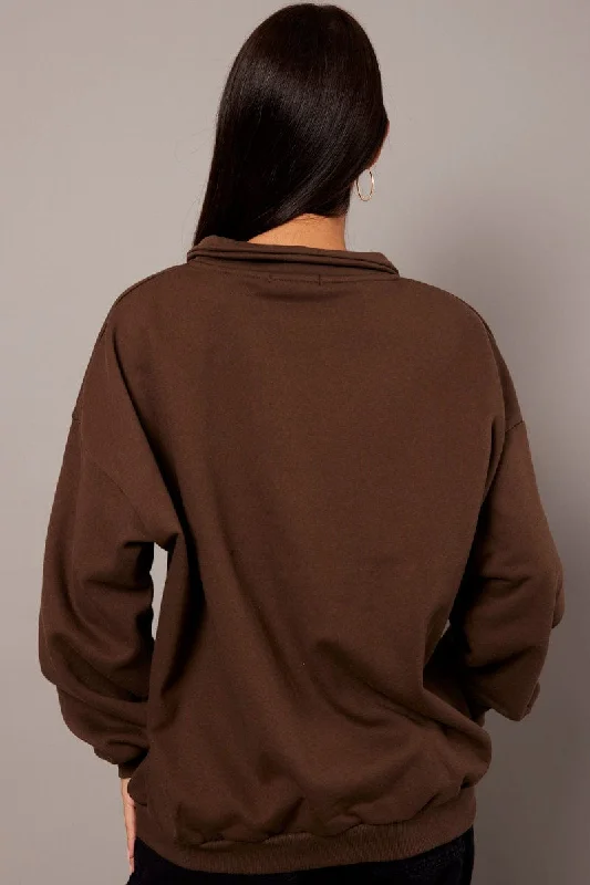 Brown Zip Neck Sweater Oversized