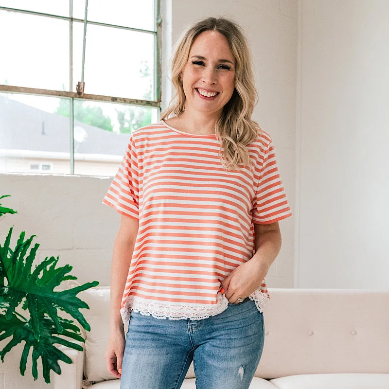 Cora Lace Trim Striped Top - Coral FINAL SALE