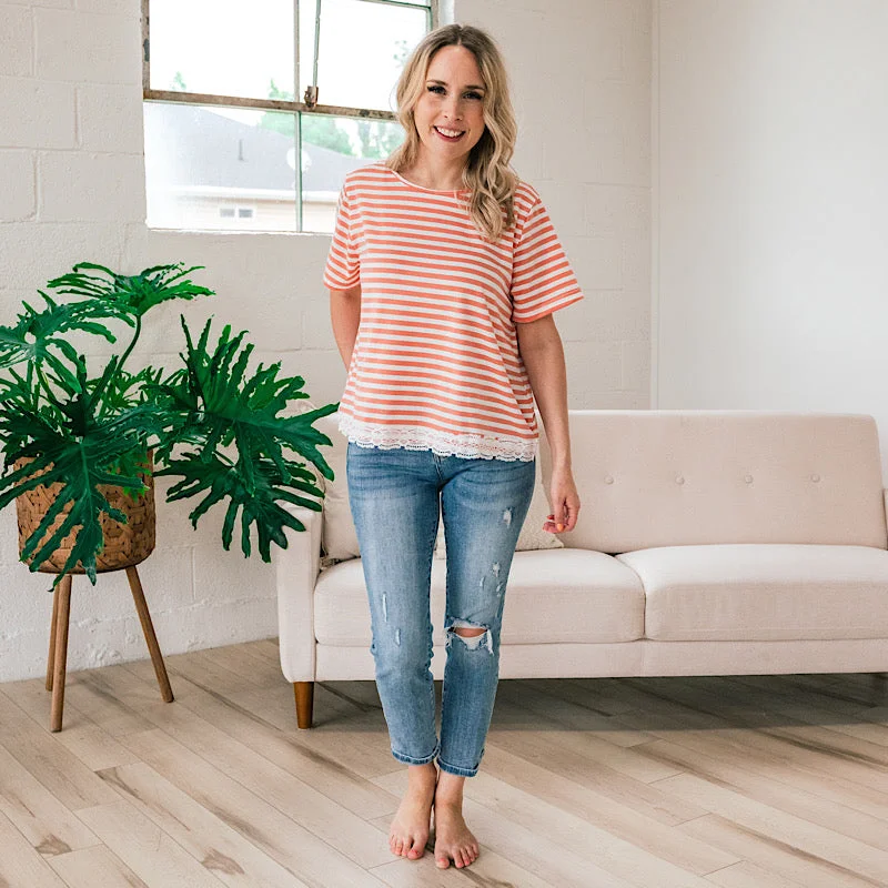 Cora Lace Trim Striped Top - Coral FINAL SALE