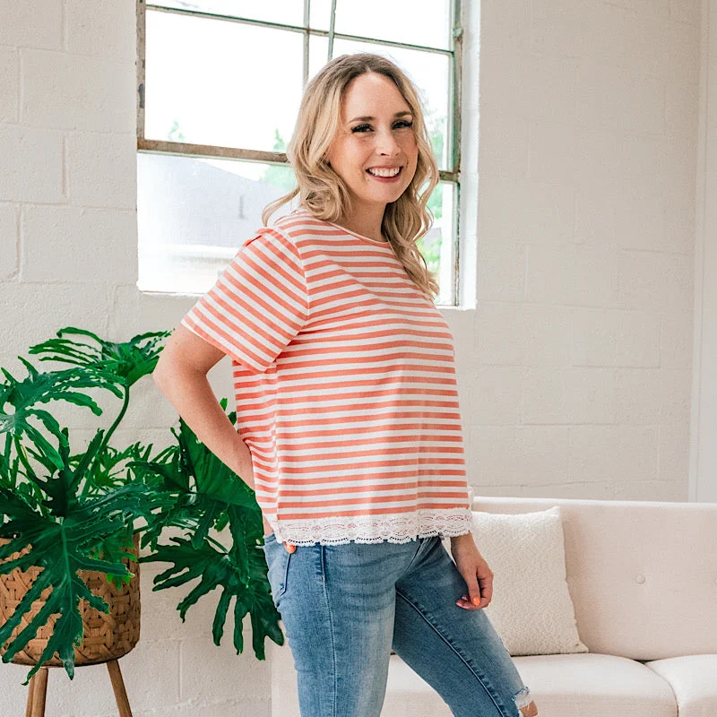 Cora Lace Trim Striped Top - Coral FINAL SALE