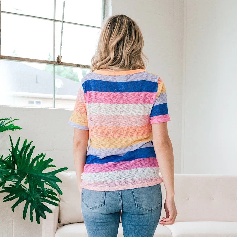 Natalia Bright Stripe Open Weave Henley Top FINAL SALE