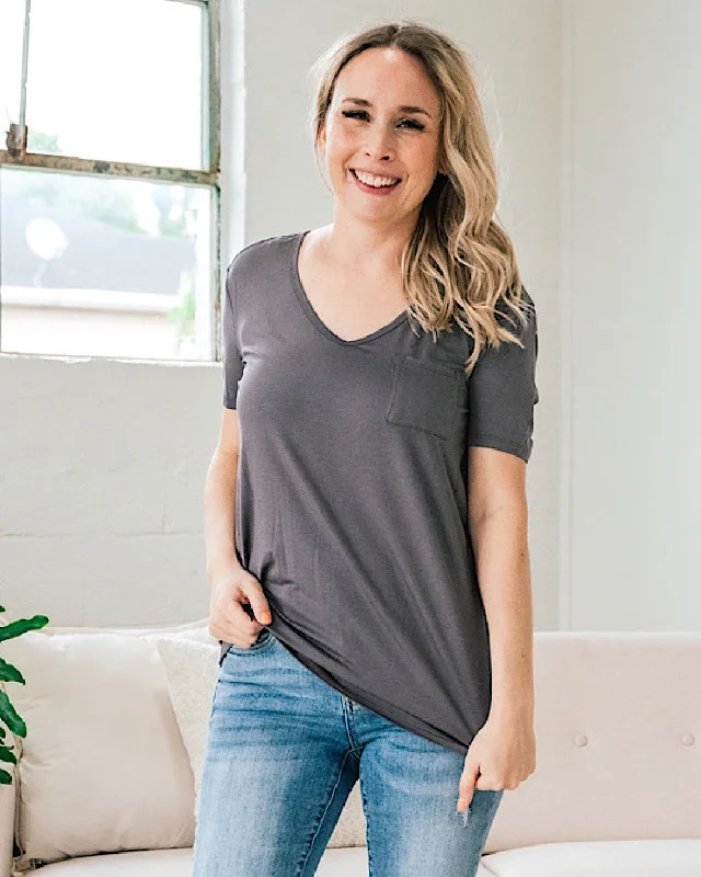 Please Tell Them V Neck Pocket Top - Ash Gray FINAL SALE