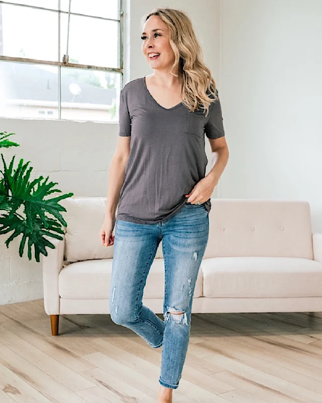 Please Tell Them V Neck Pocket Top - Ash Gray FINAL SALE