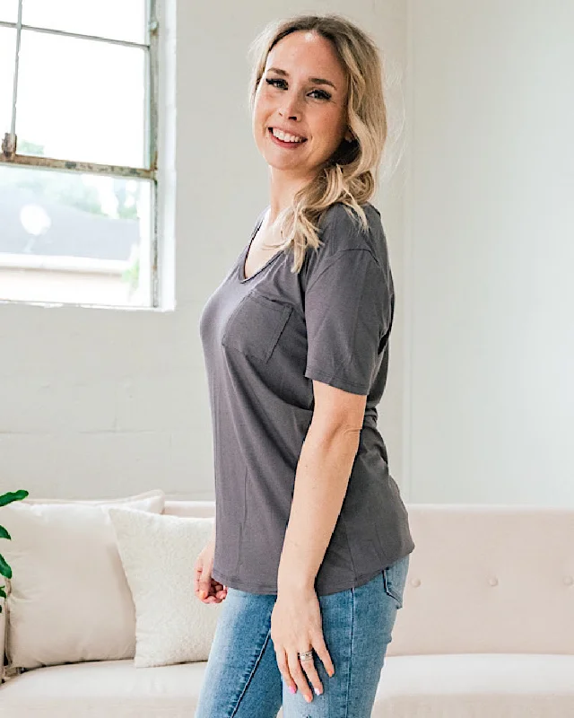 Please Tell Them V Neck Pocket Top - Ash Gray FINAL SALE