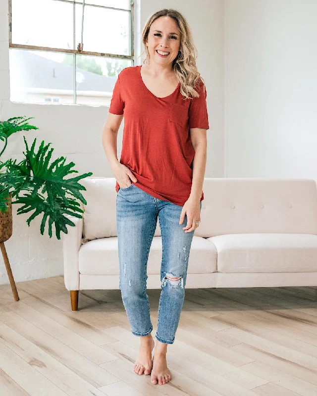 Please Tell Them V Neck Pocket Top - Marsala FINAL SALE