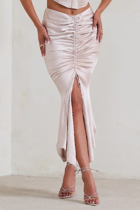 Per Favore | Champagne Satin Ruched Split Maxi Skirt