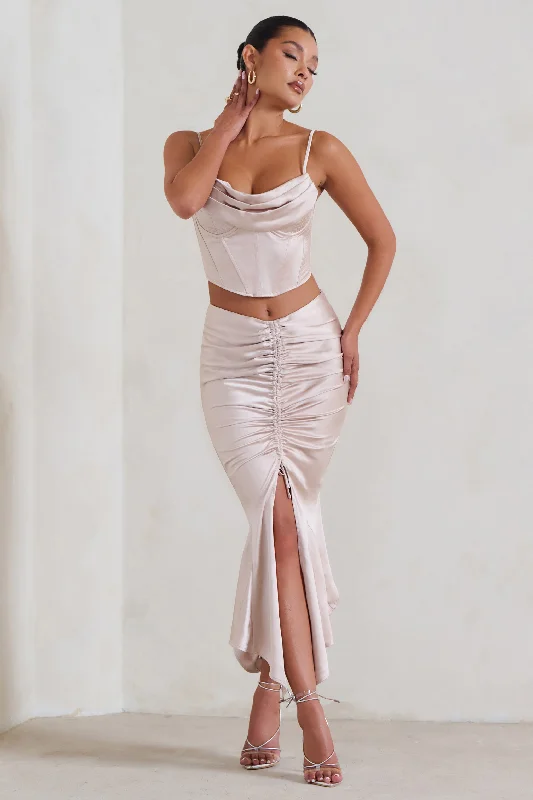 Per Favore | Champagne Satin Ruched Split Maxi Skirt